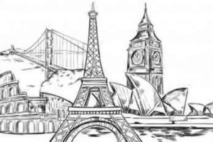 sketch of famous attractions as a symbol for tourism translation